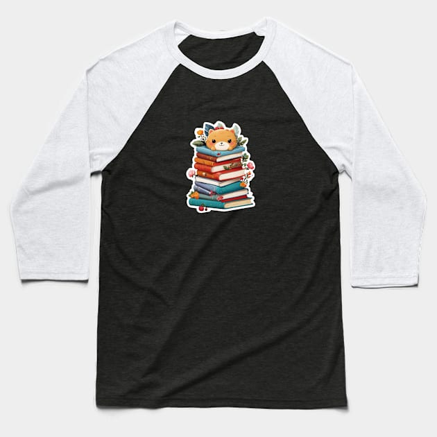 Charming Page Pal: Whimsical Book Stack Buddy Baseball T-Shirt by A1designs